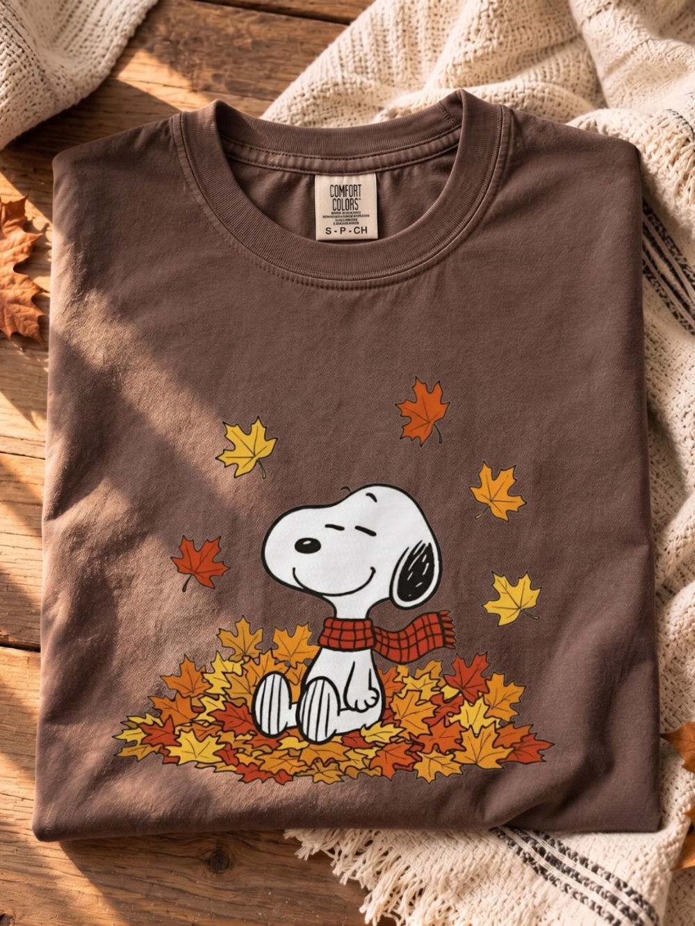Comfort Colors Brown Snoopy Fall Leaf Graphic Tee, Cute Fall Cartoon Shirt